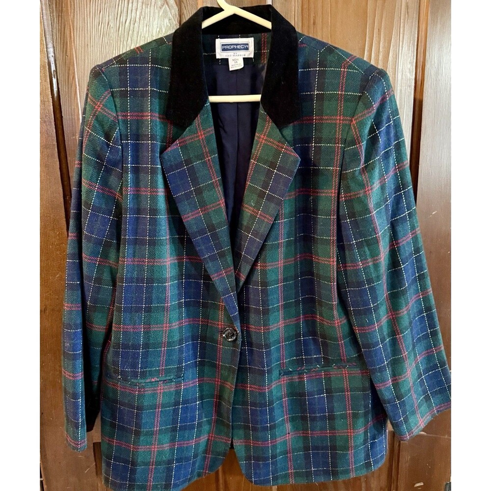Vintage Sag Harbor Prophecy Women’s Tartan Plaid Blazer Navy & Green Medium 14